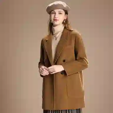 粉红玛琍 纯色中长款长袖大衣 女款 深驼