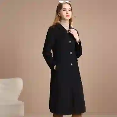 粉红玛琍 修身纯色中长款大衣 女款 黑色