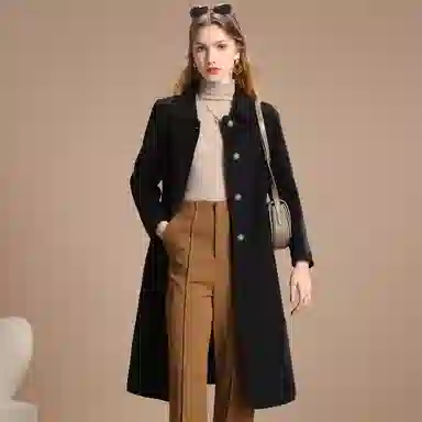 粉红玛琍 修身纯色中长款大衣 女款 黑色