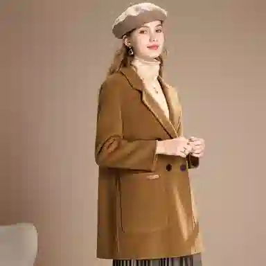 粉红玛琍 纯色中长款长袖大衣 女款 深驼