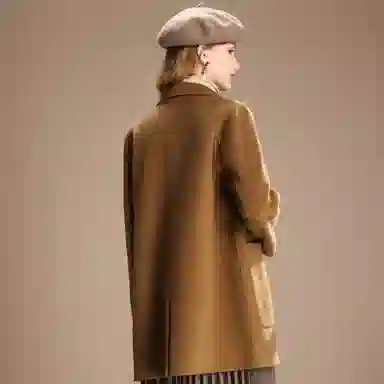 粉红玛琍 纯色中长款长袖大衣 女款 深驼