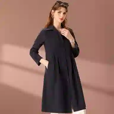 粉红玛琍 纯色中长款长袖风衣 女款 蓝色