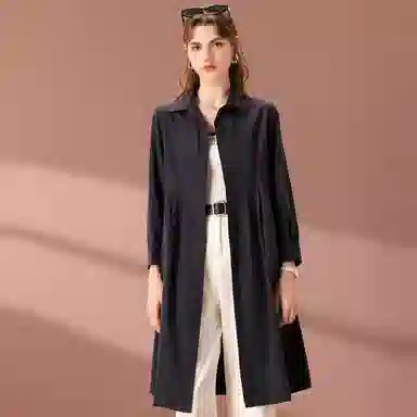 粉红玛琍 纯色中长款长袖风衣 女款 蓝色