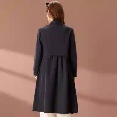 粉红玛琍 纯色中长款长袖风衣 女款 蓝色