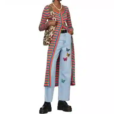 安娜苏 条纹长款长袖连衣裙 女款 红色