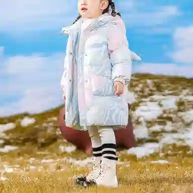 鸭鸭 连帽防寒加厚鸭绒保暖中长款羽绒服 蓝粉色 中小童