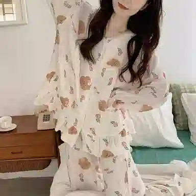 欧迪芬 亲肤柔软舒适透气绉布长袖开衫翻领可爱印花甜美长裤睡衣套装 女款 白色