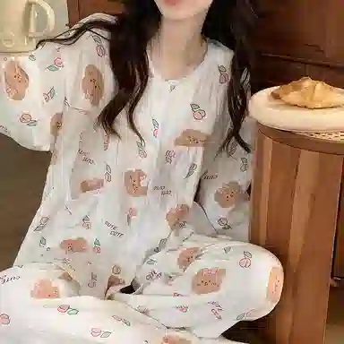 欧迪芬 亲肤柔软舒适透气绉布长袖开衫翻领可爱印花甜美长裤睡衣套装 女款 白色