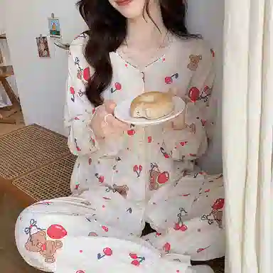 欧迪芬 亲肤柔软舒适透气绉布长袖开衫翻领可爱印花甜美长裤睡衣套装 女款 白色