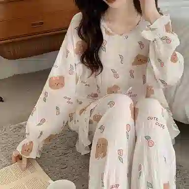 欧迪芬 亲肤柔软舒适透气绉布长袖开衫翻领可爱印花甜美长裤睡衣套装 女款 白色