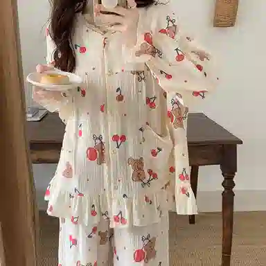 欧迪芬 亲肤柔软舒适透气绉布长袖开衫翻领可爱印花甜美长裤睡衣套装 女款 白色