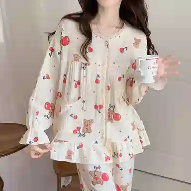 欧迪芬 亲肤柔软舒适透气绉布长袖开衫翻领可爱印花甜美长裤睡衣套装 女款 白色