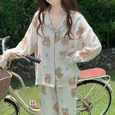 欧迪芬 亲肤柔软舒适透气绉布长袖开衫翻领可爱印花甜美长裤睡衣套装 女款 白色