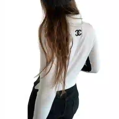 CHANEL Striped Logo Embossed Sweater