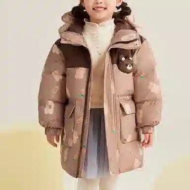 鸭鸭 连帽拉链保暖中长款羽绒服 米棕色调 中小童