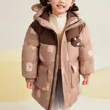鸭鸭 连帽拉链保暖中长款羽绒服 米棕色调 中小童