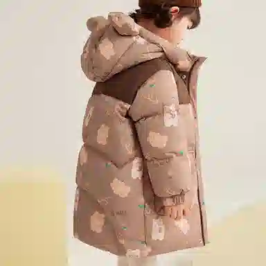 鸭鸭 连帽拉链保暖中长款羽绒服 米棕色调 中小童