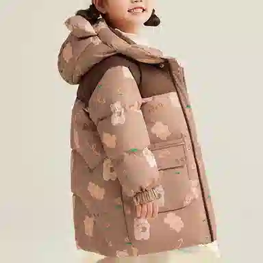 鸭鸭 连帽拉链保暖中长款羽绒服 米棕色调 中小童