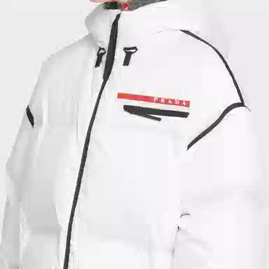 Prada Oversized Long Nylon Colorblock Hooded Down Coat White