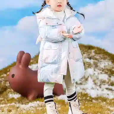 鸭鸭 连帽防寒加厚鸭绒保暖中长款羽绒服 蓝粉色 中小童