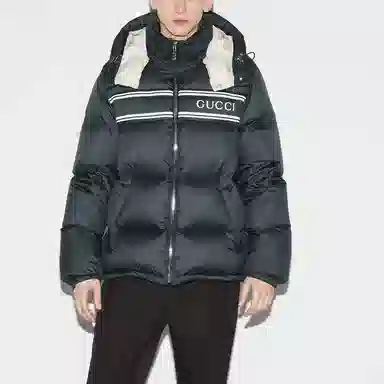 GUCCI FW24 Striped Print Detachable Hood Down Jacket Navy Blue
