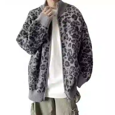 悍戈 立领豹纹满印美式复古个性潮流百搭慵懒风开衫针织衫 男女同款