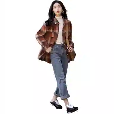 【dme】 时尚休闲格子简约复古长袖衬衫 女款 橙红