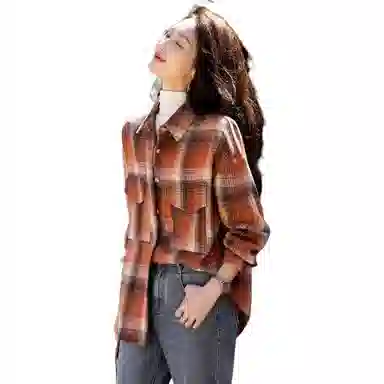 【dme】 时尚休闲格子简约复古长袖衬衫 女款 橙红