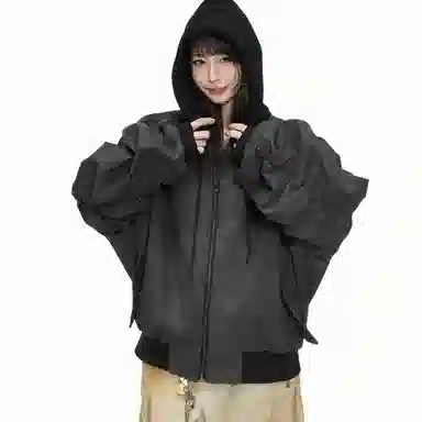 桴生 美式复古高街风假两件连帽宽松百搭外套夹克 女款