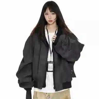 桴生 美式复古高街风假两件连帽宽松百搭外套夹克 女款