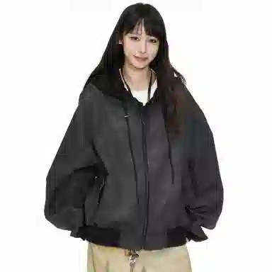 桴生 美式复古高街风假两件连帽宽松百搭外套夹克 女款