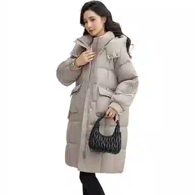 鸭鸭 纯色时尚百搭连帽中长款长袖羽绒服 女款