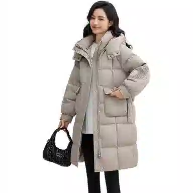 鸭鸭 纯色时尚百搭连帽中长款长袖羽绒服 女款