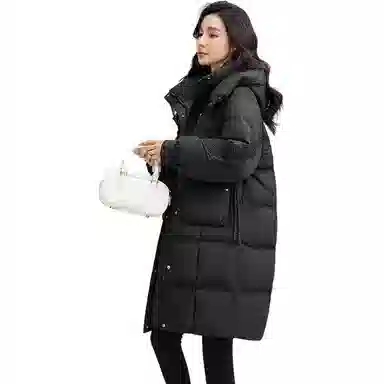 鸭鸭 纯色时尚百搭连帽中长款长袖羽绒服 女款