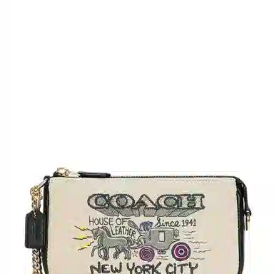 COACH Wristlet 19 Canvas Leather Mahjong Bag White