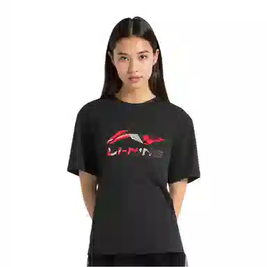 李宁 国潮宽松休闲运动印花短袖健身衣 男女同款 黑色