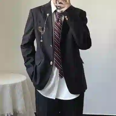 日系与美式融合的学院风多元素设计休闲宽松单排扣外套西装 男女同款