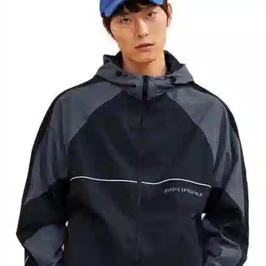 特步 活力系列 连帽休闲透气长袖风衣 男款 雅士灰/正黑色