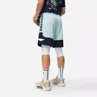 李宁 反伍系列 撞色字母印花松紧腰排湿速干比赛短裤 男款 石青灰