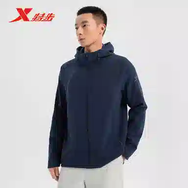 特步 运动生活系列 跑步系列 字母拉链连帽舒适透气百搭风衣 男款 森夜蓝