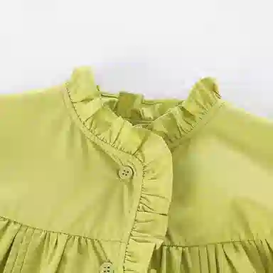 梦特娇 童装 纯色木耳边长袖衬衫 女童 黄绿色