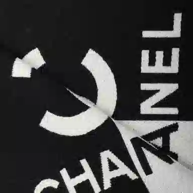 CHANEL Logo Print Fur Scarf Black White