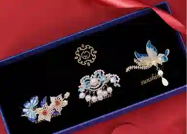 妖娆猫 轻奢珍珠碎三件套复古国潮发饰古典蝴蝶精致侧边夹发卡#好运 合金 发夹 女款