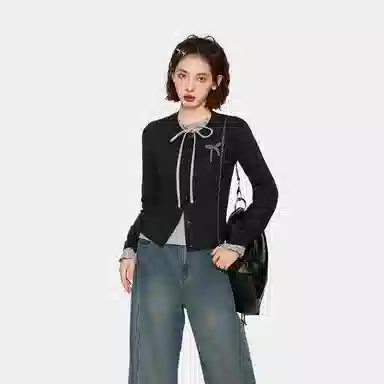 柏黛妃 蝴蝶结长袖短款通勤针织衫 女款 黑色