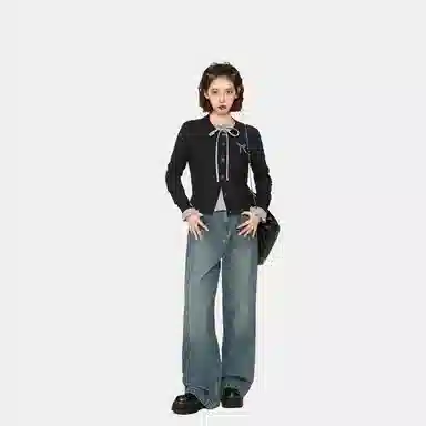 柏黛妃 蝴蝶结长袖短款通勤针织衫 女款 黑色