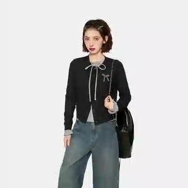 柏黛妃 蝴蝶结长袖短款通勤针织衫 女款 黑色