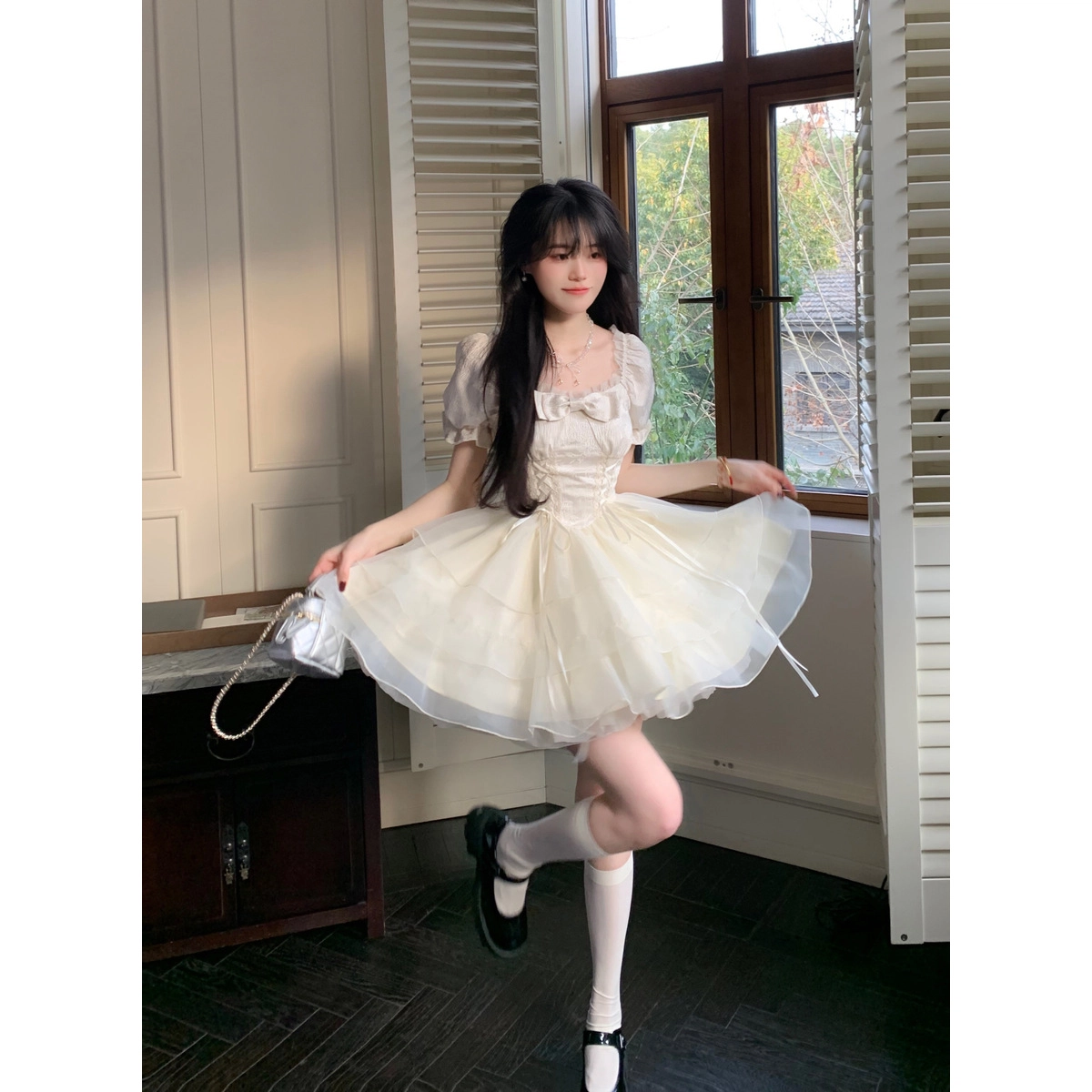 纤丝鸟 甜美公主风蝴蝶结欧根纱蓬蓬裙短袖连衣裙 女款 杏色