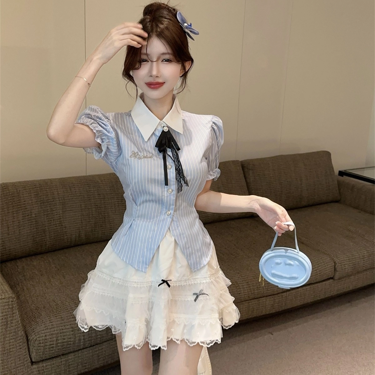 纤丝鸟 韩系甜美减龄小清新翻领衬衣高腰设计感蓬蓬裙裙装套装 女款