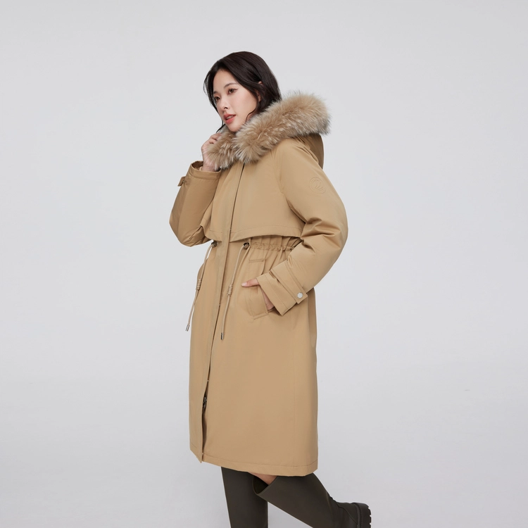 波司登 三合一貉子毛领连帽腰部抽绳长款派克羽绒服 女款