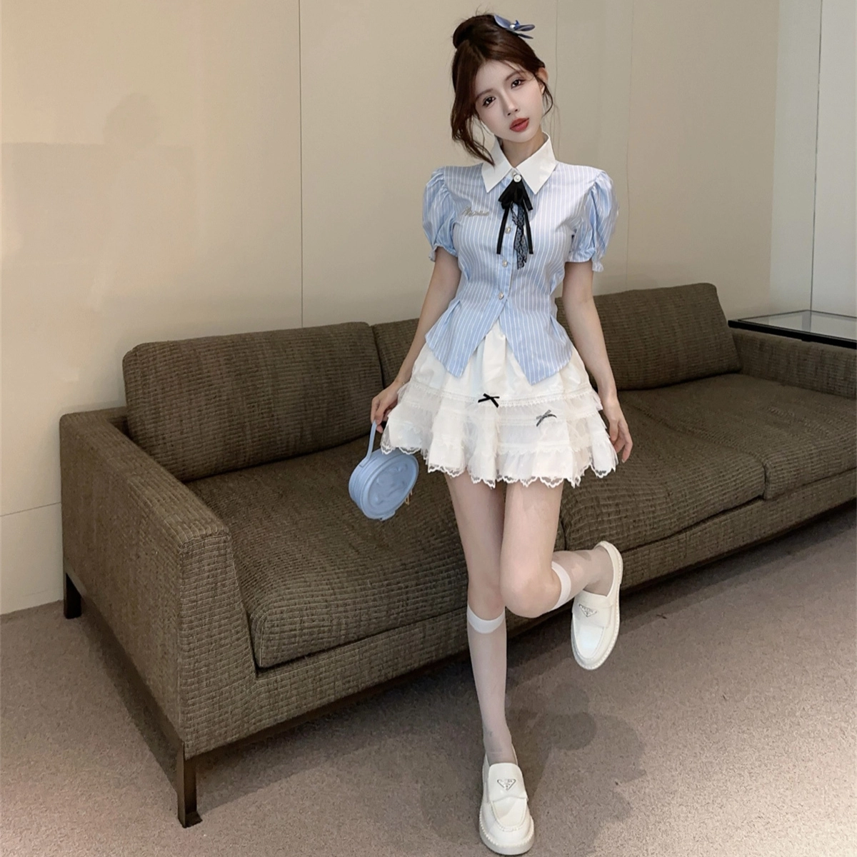 纤丝鸟 韩系甜美减龄小清新翻领衬衣高腰设计感蓬蓬裙裙装套装 女款